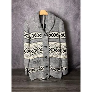 Sansara Nordic Fair Isle Wool Blend Cardigan Shawl Collar Gray Knit Size Medium